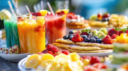 Enjoy a colorful brunch featuring pancakes, fresh fruit, and refreshing beverages on a sunny day