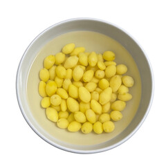 Top view of ginkgo seeds in syrup in white ceramic bowl isolated on white background with clipping path.