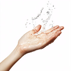 Fototapeta premium A hand splashing water, captured with droplets frozen in action, creating a sense of refreshment and vibrancy against a white background.