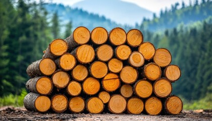 A stack of freshly cut tree logs against a lush green forest backdrop, highlighting natural timber and mountainous scenery.