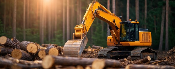Fototapeta premium A yellow excavator operates in a forest, moving logs and clearing the area as sunlight filters through the trees.