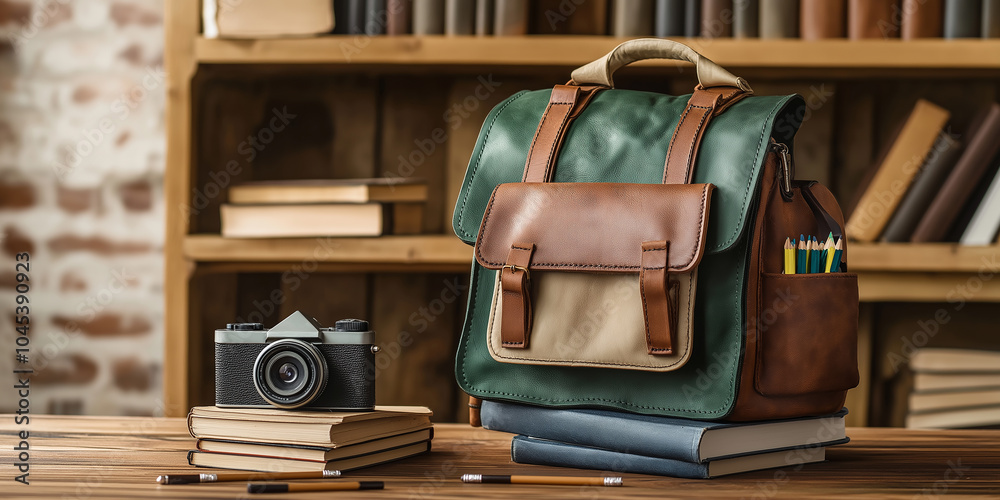 Poster Backpack, camera and books are sitting on a wooden table in a library