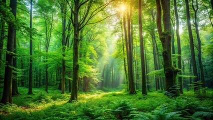 Fototapeta premium A lush forest with a green background, surrounded by tall trees and vibrant foliage, trees, plants, greenery