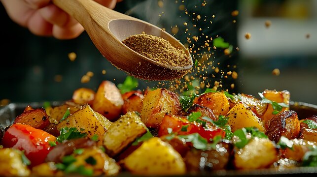 Hand sprinkling ground cumin over a dish with a wooden spoon