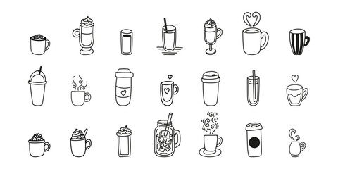 Hand drawn collection tea mug, coffee cups with steam, whipped cream. Glass and ceramic utensils doodle set