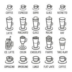 Hand drawn collection coffee shop menu with espresso, doppio, glace, ristretto, latte, macchiato, mocha, raf, ice latte, cocoa, chocolate, frappe, cappuccino, americano, lungo, flat white doodle