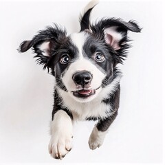 Fototapeta premium A playful black and white puppy joyfully jumping against a white background, capturing its happiness and energy in a vibrant moment.