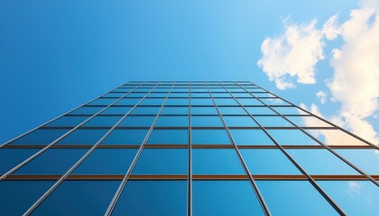 Captivating perspectives a striking view of modern architecture reaching toward the sky with reflective glass and cloudy blue background