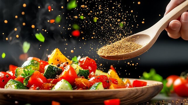 Hand sprinkling ground cumin over a dish with a wooden spoon