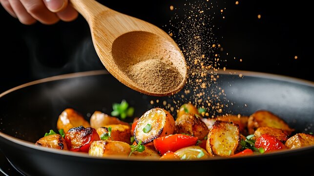 Hand sprinkling ground cumin over a dish with a wooden spoon