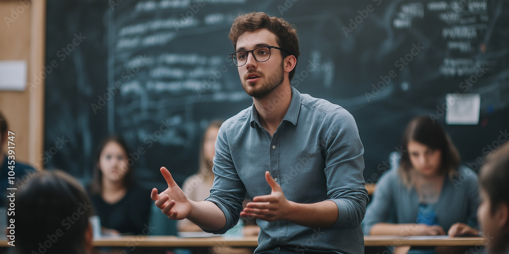 Poster young college professor explaining lesson to students in classroom