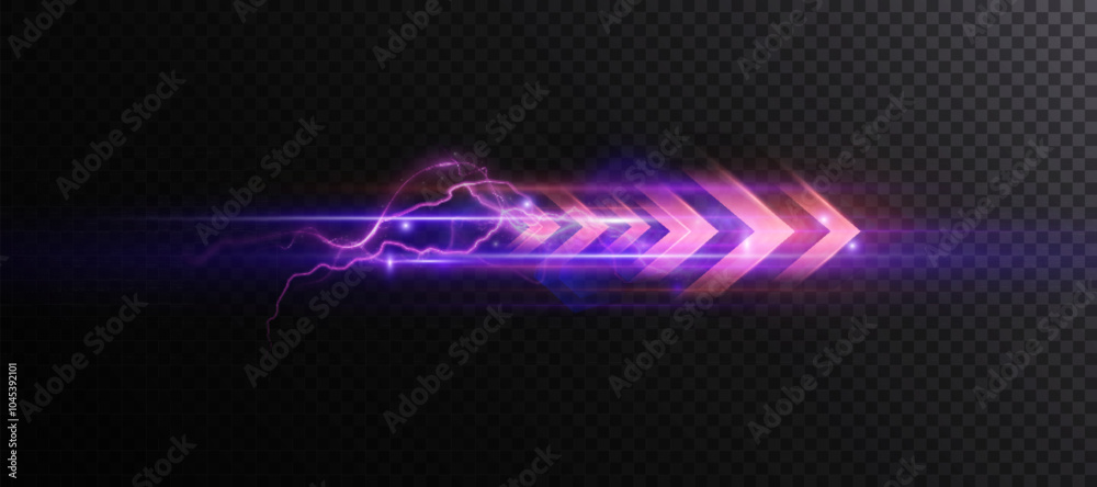 Poster light trail high speed light movement. high speed arrow with lightning bright purple glowing lines. 