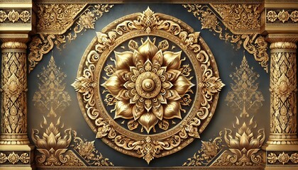 Gold Ornate Floral Design with Pillars and Background