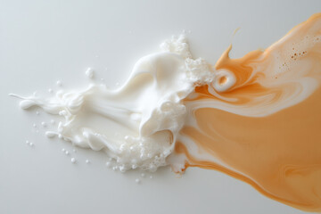 Creamy milk and coffee swirls create unique organic art display, showcasing beautiful blend of white and brown tones. contrasting colors evoke sense of warmth and comfort