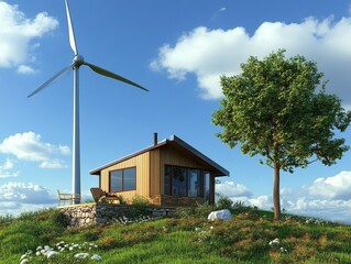 Obraz premium A backyard wind turbine providing clean energy for a small home, promoting off-grid and renewable energy solutions.