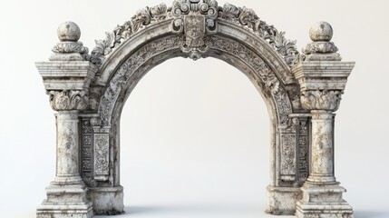 Naklejka premium Classic stone arc gate isolated on white, featuring intricate carvings and craftsmanship.