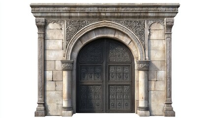 Obraz premium Classic stone arc gate isolated on white, featuring intricate carvings and craftsmanship.