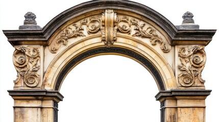 Obraz premium Classic stone arc gate with ornate carvings, isolated on white, showcasing architectural details.