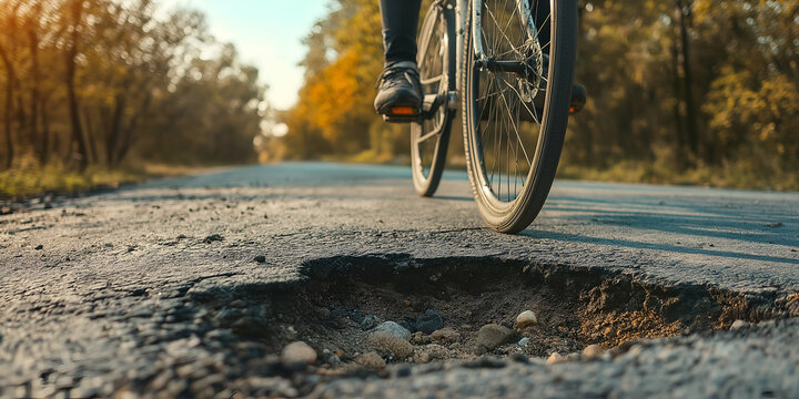 cyclist narrowly avoiding a large pothole on a poorly maintained road during an autumn ride in rural countryside
