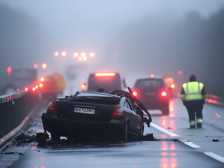 Obraz premium car accident with overturned vehicle on foggy highway causing traffic jam and emergency response 