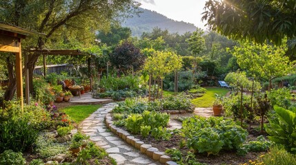 A beautiful backyard garden designed with permaculture principles, featuring fruit trees, vegetable patches, and composting systems.
