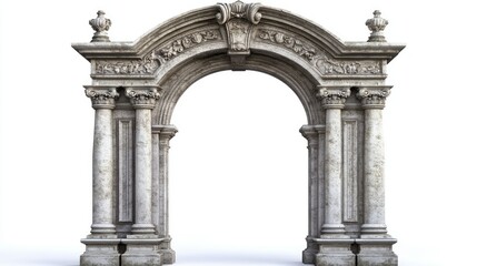 Naklejka premium Classic stone arc gate with ornate carvings, standing isolated on white.