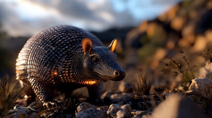 Obraz premium Armadillo with a textured shell standing on rocks in a natural environment.