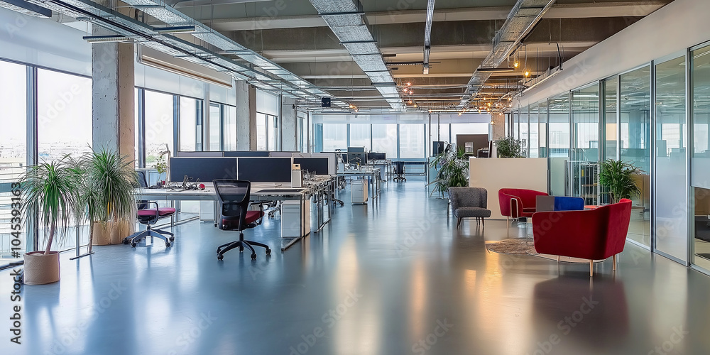 Poster modern open space office with nobody working showing the current trend of remote work