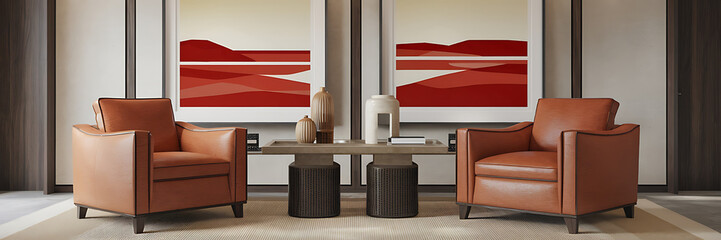 Modern minimalist living room interior design with brown leather armchairs and red abstract art 