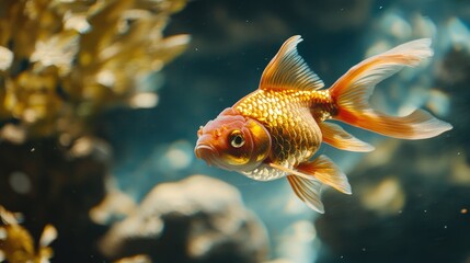 Obraz premium Close-up of a goldfish gliding through an aquarium pond, showcasing its shimmering scales.