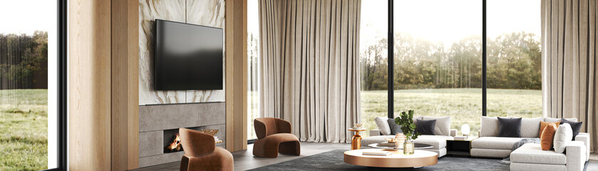 Discover a modern living room featuring breathtaking scenic views and stylishly curated decor, 3d rendering