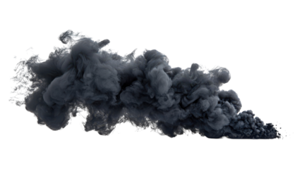 Dense black smoke billows from ground level, creating a dramatic contrast against a transparent background in a dynamic visual display.