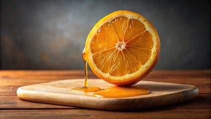 A single orange slice slowly drips with juice on a wooden cutting board, food prep, food photography, dripping liquid, fruit cutting board, wood surface