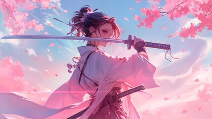 Obraz premium Young Woman in Pink Scene with Sword and Blossoms