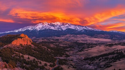 Naklejka premium A panoramic view of a snow-capped mountain range at sunrise, with vibrant orange and purple clouds, a red rock formation in the foreground, and a winding road through a valley.