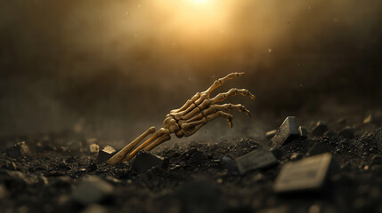 skeletal hand reaching out of earth, surrounded by debris, evokes sense of mystery and intrigue. dramatic lighting enhances eerie atmosphere, creating captivating visual