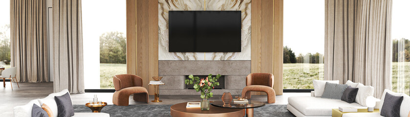 Explore Modern Living Room Design with Sophisticated Elegant Touches and Abundant Natural Light, 3d rendering