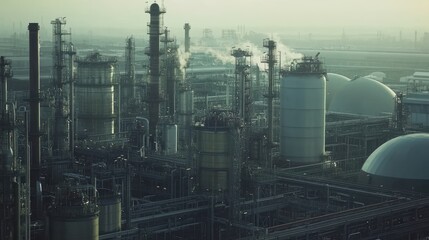 A vast industrial complex with a massive LNG storage tank designed for holding liquified natural gas at low temperatures, showcasing modern energy infrastructure.