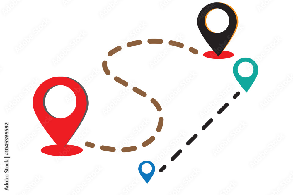 Wall mural dotted line between two position points, simple vector design, location icon, showing route between 