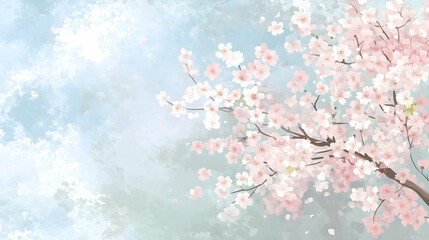 An anime background with soft textures resembling watercolor, with a pastel-colored sky and cherry blossoms floating gently in the breeze