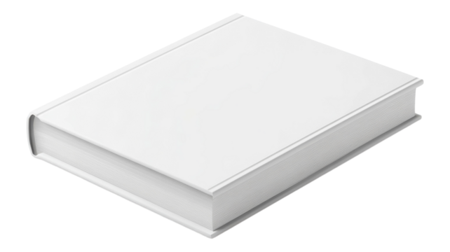 A blank hardcover book resting on a transparent background, ideal for design projects and creative applications at any time.