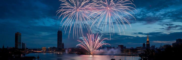 Pink and white fireworks explode over a city skyline at night  celebrating a festive occasion   
