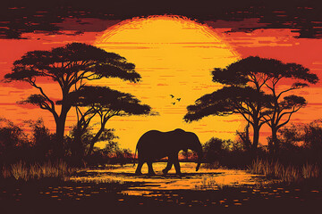 Obraz premium majestic elephant walks through vibrant landscape at sunset, surrounded by silhouetted trees and glowing sun. scene captures beauty of nature and wildlife
