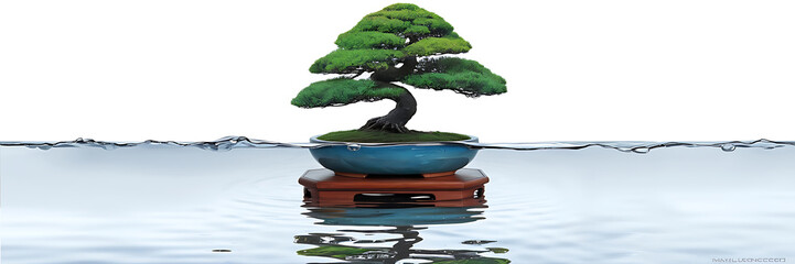 Green Bonsai Tree in Blue Pot on Wooden Stand Floating on Water  Tranquil Nature Concept   