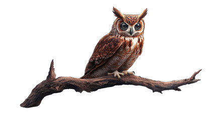 Naklejka premium A detailed depiction of a wise owl perched on a branch against a white isolated background.