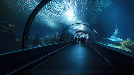 Oceanography Center. Underwater tunnel in Oceanarium. Visitors explore marine world. Mesmerizing atmosphere. Silhouettes of people walk along path. Colorful fish and corals. Promoting city aquarium.