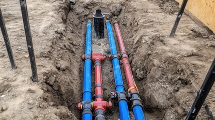 A construction site showing newly installed blue and red plumbing pipes laid in a trench, ready for connections and further work.