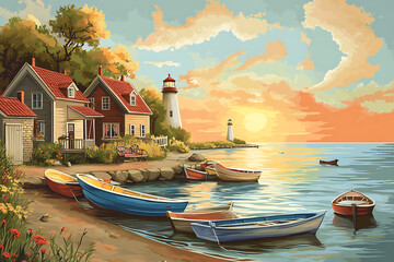 Obraz premium serene coastal scene featuring charming houses, lighthouse, and colorful boats on calm waters at sunset. warm hues of sky reflect peaceful atmosphere