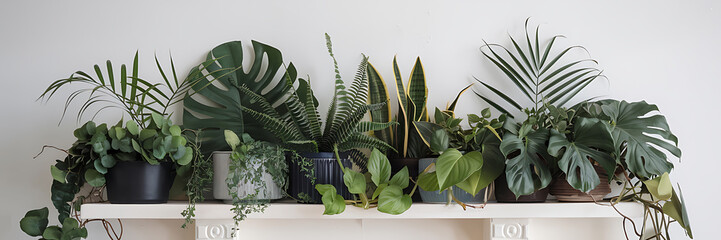 Green and white plants in pots on a shelf  a minimalist interior design concept for a modern home   