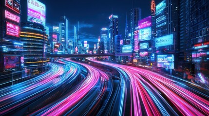 Fototapeta premium Futuristic Cyberpunk Cityscape with blue and pink light trails, portraying a sci-fi downtown scene at night with skyscrapers, highways, and billboards, depicted in a 3D illustration